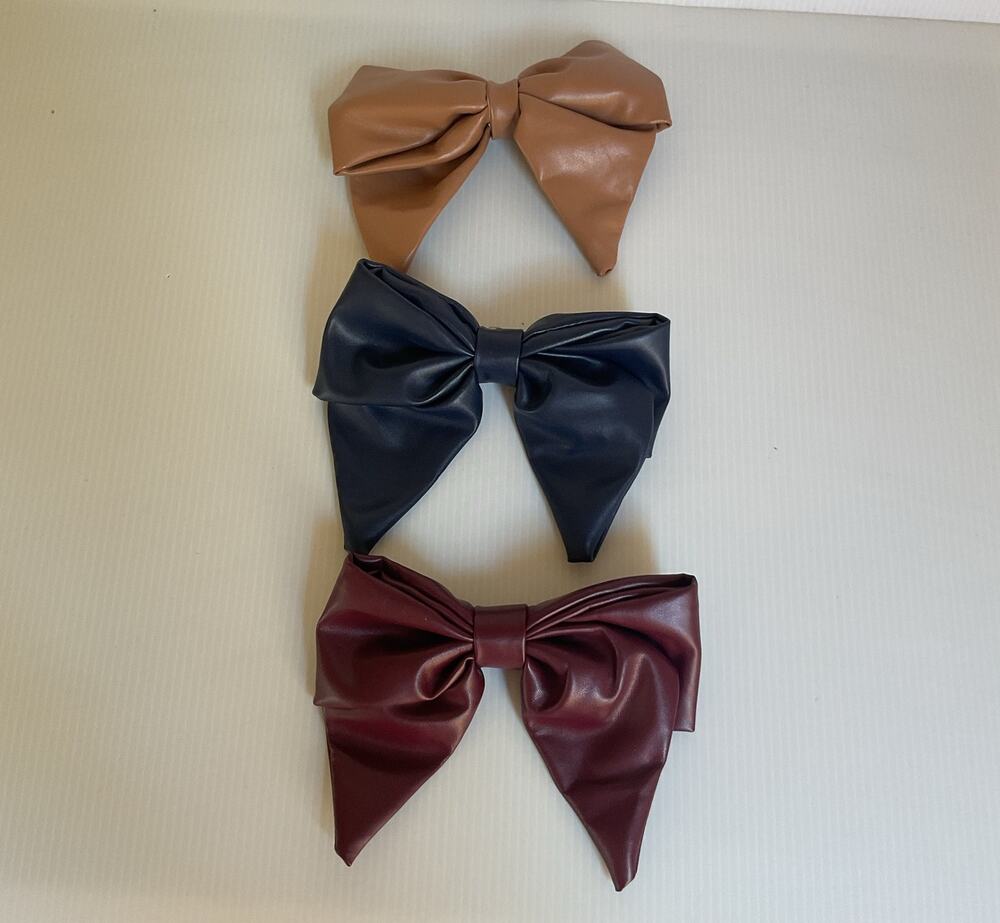 Set of 3 Faux Leather Bow Hair Clips Brown Navy Burgundy Oversized Statement Bow